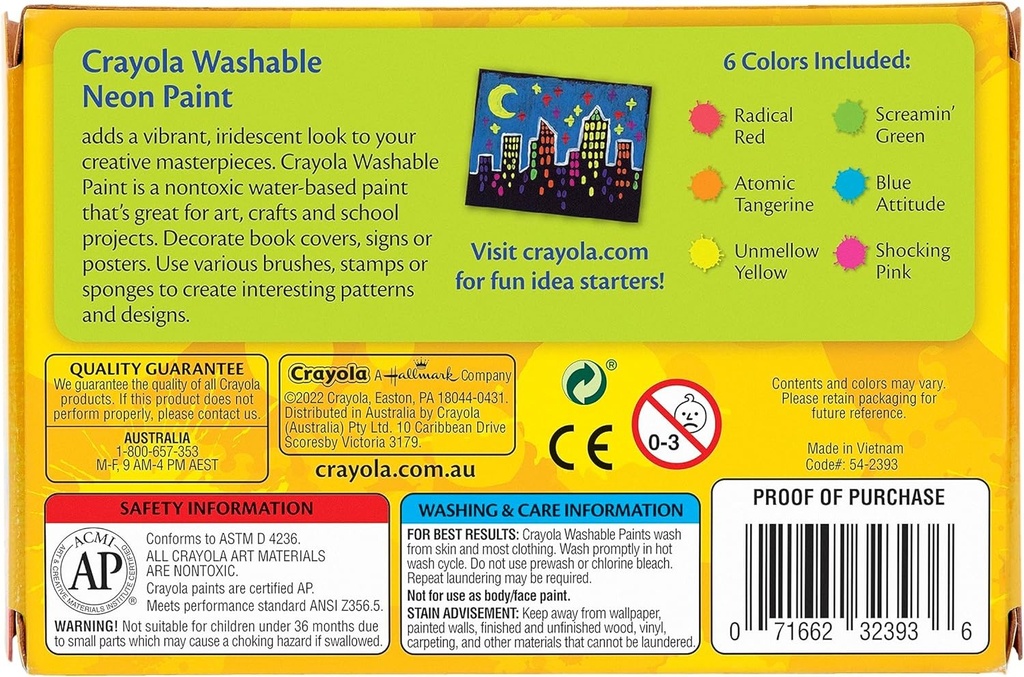 Crayola Washable Paint - Neon - pack of 6